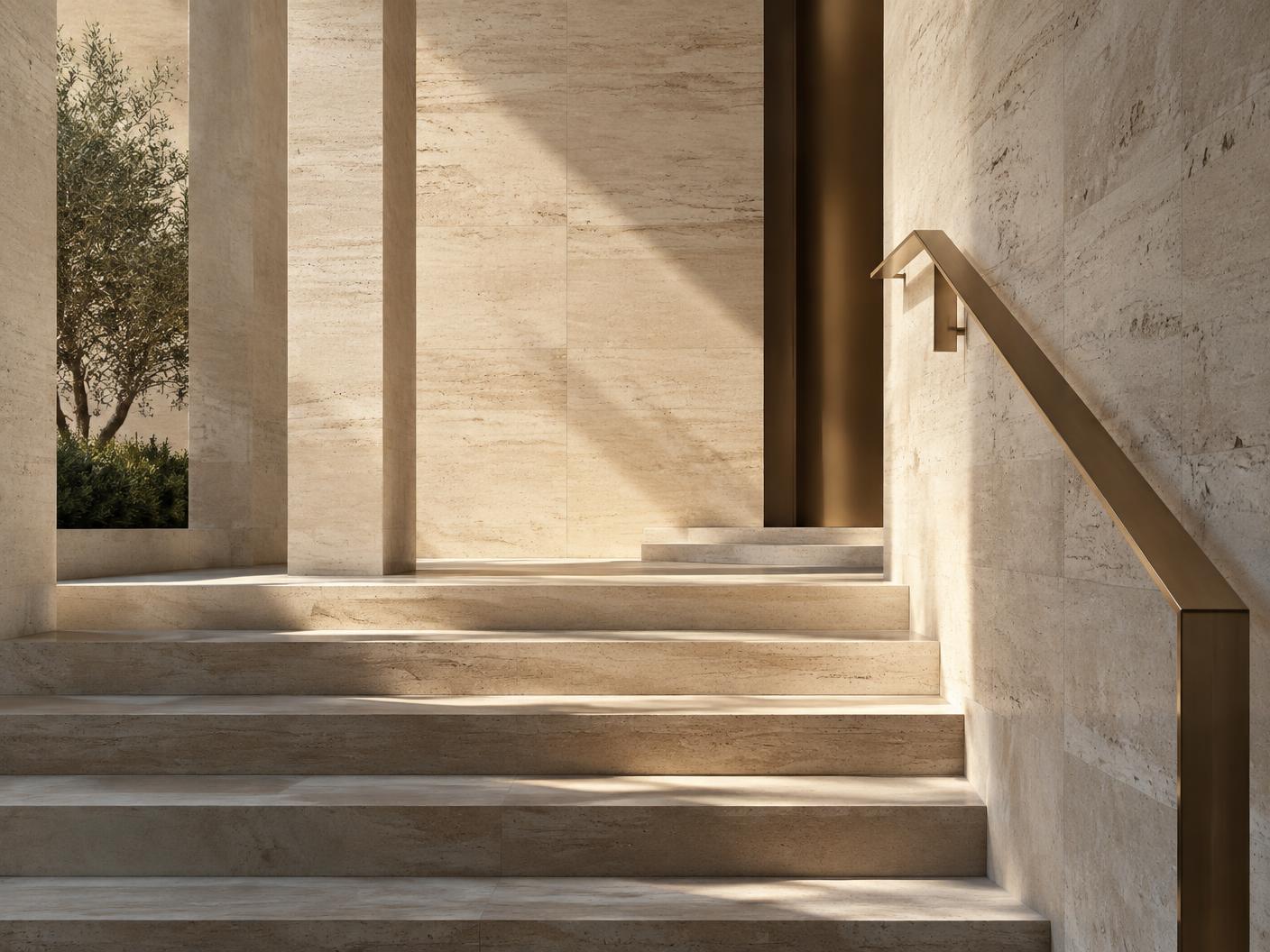 Sunlight crossing travertine steps and a bronze handrail