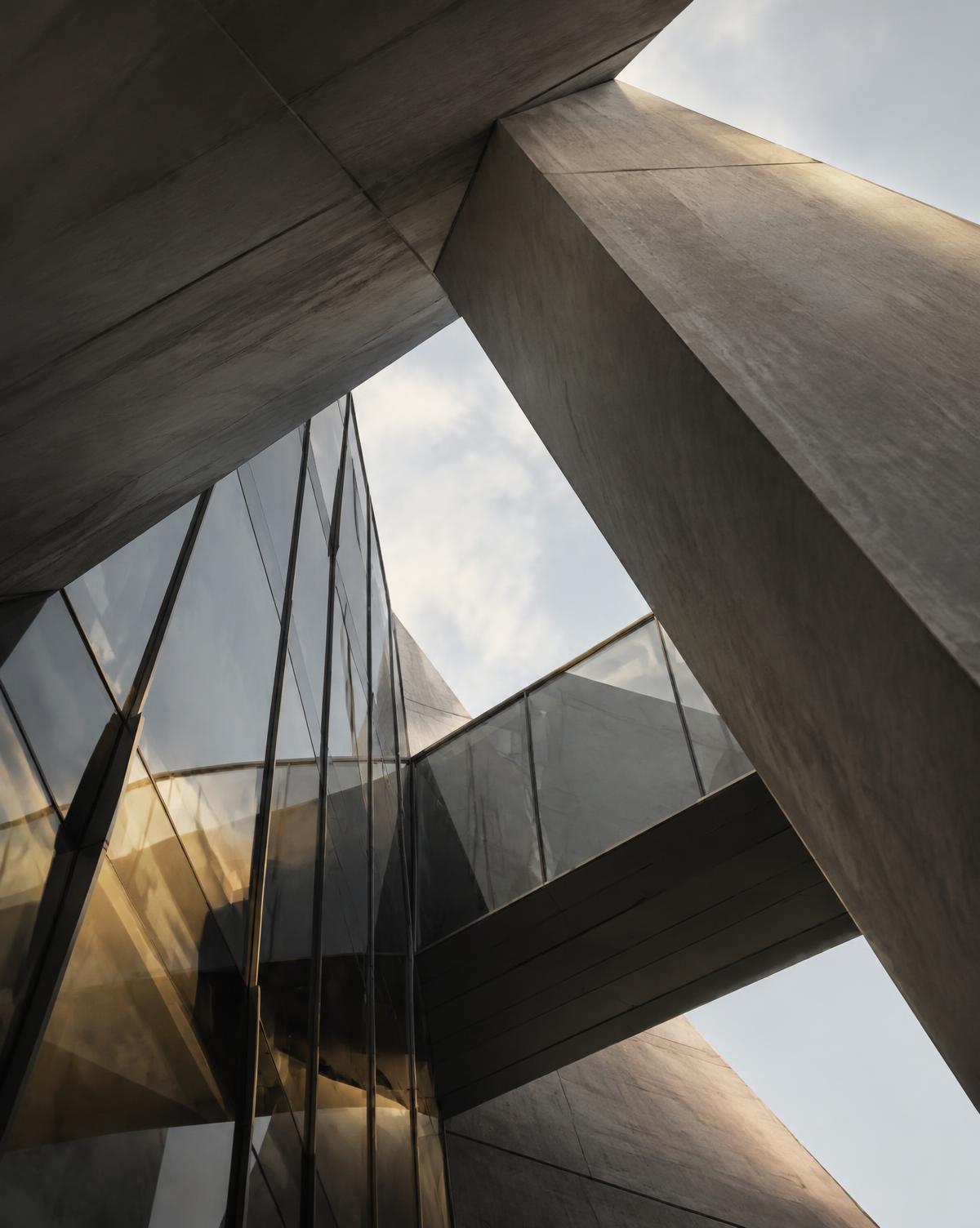 Overlapping concrete and glass planes viewed against the sky